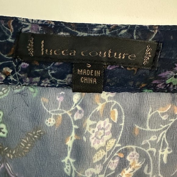 Lucca Couture Top Sheer Flowy Blouse Blue Floral Pattern 3/4 Sleeves Size Small - Picture 3 of 11